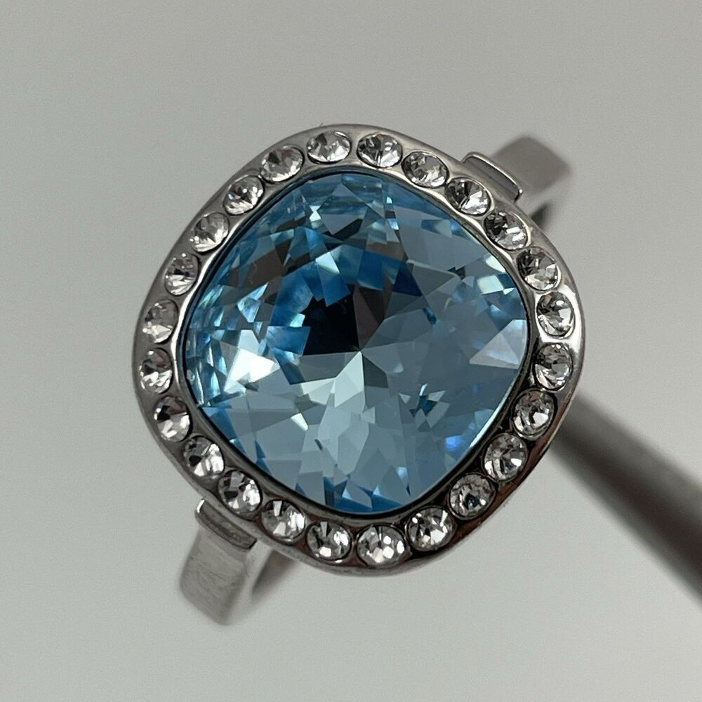 Silver Tone Blue Cushion Cut Glass Halo Statement Cocktail Ring Sz 8 Boho Cute